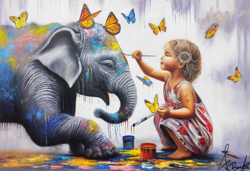L'Éléphant et la Petite Fille Aux Papillons van Vincent Bardou, Schilderij te koop op Singulart