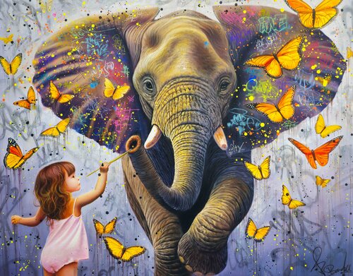 L'Éléphant aux Papillons de Vincent Bardou, Pintura a la venta en Singulart