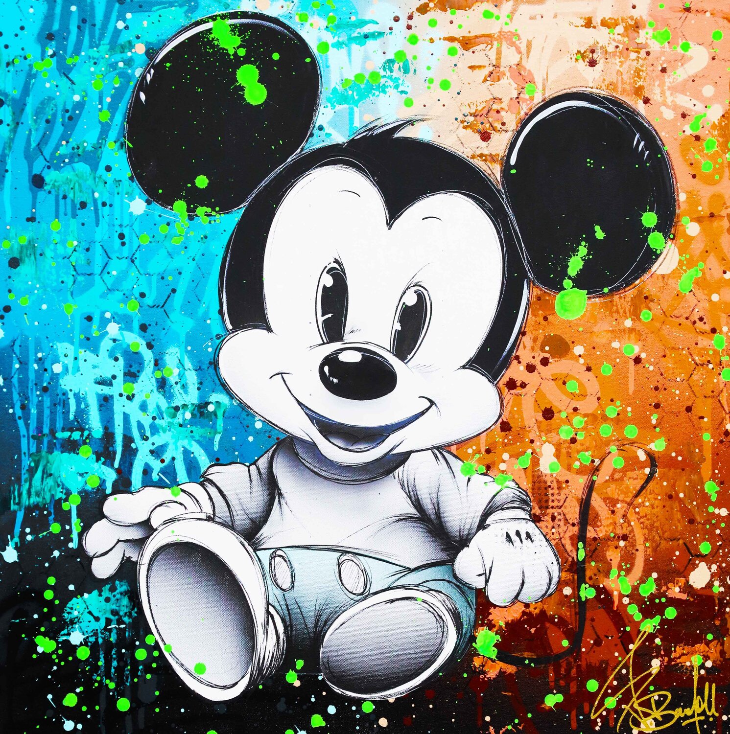Street Art Style Graffiti Cartoon Mickey Mouse Graffiti Painting 40''x 60''/ 102 x 153 cm / Stretch+Wood Frame, image size:1491x1500