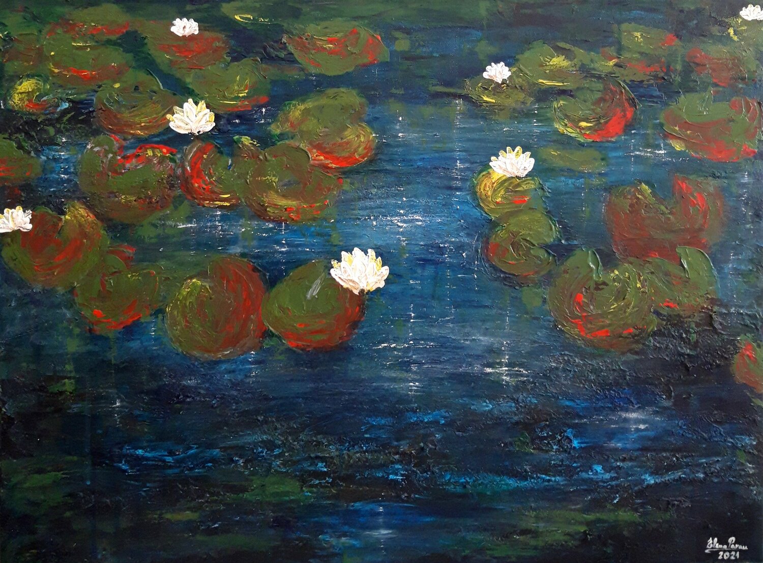 Water Lilies In A Pond By Elena Parau 2021 Painting Acrylic Cement