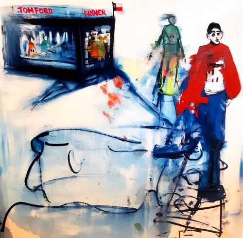 Cena de Tom. La noche que soñé que Tom Ford pintaba un cuadro. de Roberto Gutiérrez Currás, Pintura a la venta en Singulart