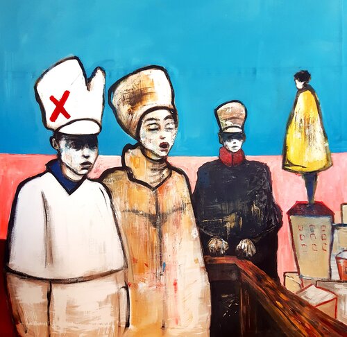 Jóvenes expresionistas en el ocaso de la tarde bromeando de cosas de jóvenes expresionistas von Roberto Gutiérrez Currás, Malerei kaufen auf Singulart