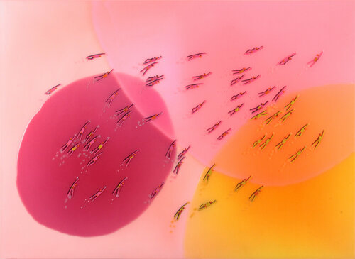 Swimmers 080 in Pop Pink and Orange Sea by Ruben Abstract, Painting for Sale on Singulart