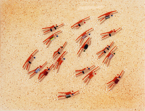 Swimmers 869 in Orange Silver Beach Haiti by Ruben Abstract, Painting for Sale on Singulart