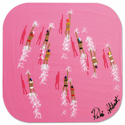 Swimmers 780 Girl and Woman power on pink sea and ocean by Ruben Abstract, Painting for Sale on Singulart
