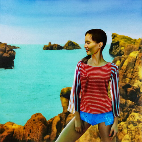 mini shorts in light blue jeans and red blouse by Daniel de Saint-Yon, 油畫 for Sale on Singulart