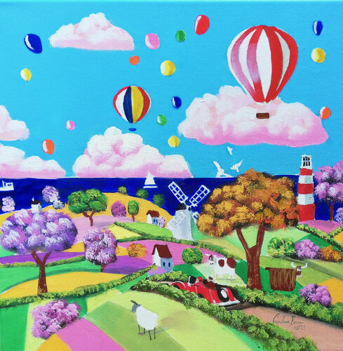 Folk art painting happy seaside van Gordon Bruce, Schilderij te koop op Singulart