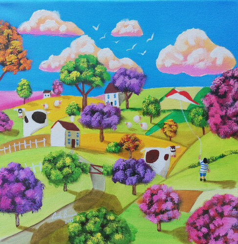 Flying a kite Naive art Canvas painting di Gordon Bruce, Pittura in vendita su Singulart