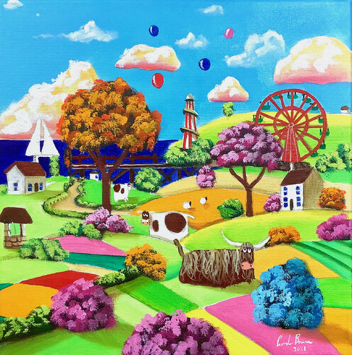 Folk art oil painting, seaside di Gordon Bruce, Pittura in vendita su Singulart