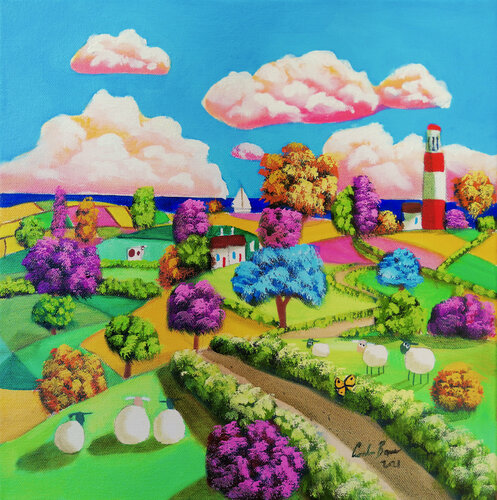 Folk art Lighthouse painting di Gordon Bruce, Pittura in vendita su Singulart