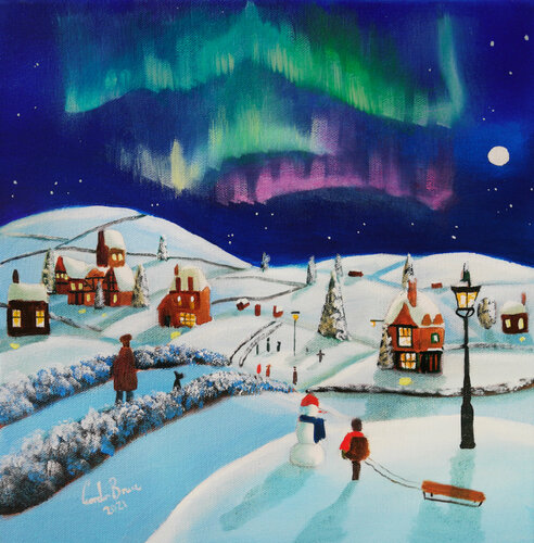 Winter village, folk art painting, oil on canvas naive art di Gordon Bruce, Pittura in vendita su Singulart