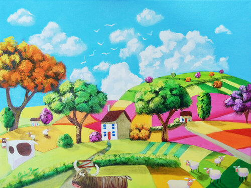 Highland cow and sheep di Gordon Bruce, Pittura in vendita su Singulart