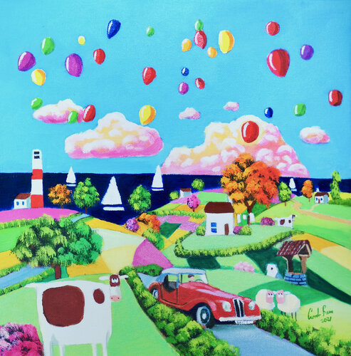 Red car and balloons, folk art painting di Gordon Bruce, Pittura in vendita su Singulart