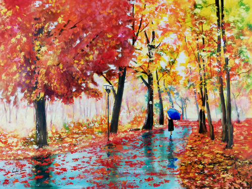 Autumn rain and an umbrella di Gordon Bruce, Pittura in vendita su Singulart