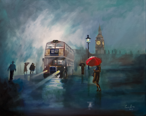 London painting rain red umbrella di Gordon Bruce, Pittura in vendita su Singulart