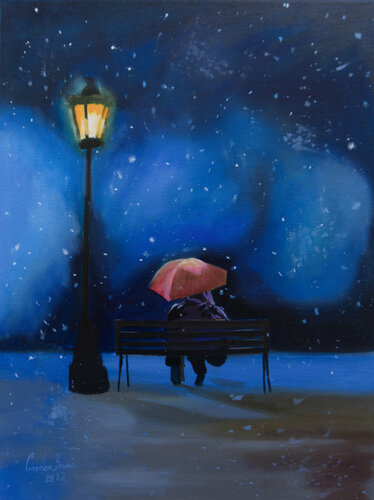 Winter romance red umbrella painting par Gordon Bruce, Peinture en vente sur Singulart