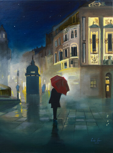 Night in the city with a red umbrella painting par Gordon Bruce, Peinture en vente sur Singulart