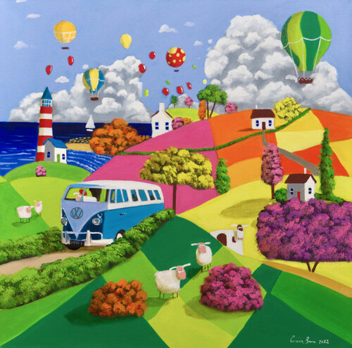 Camper Van Naive art landscape di Gordon Bruce, Pittura in vendita su Singulart