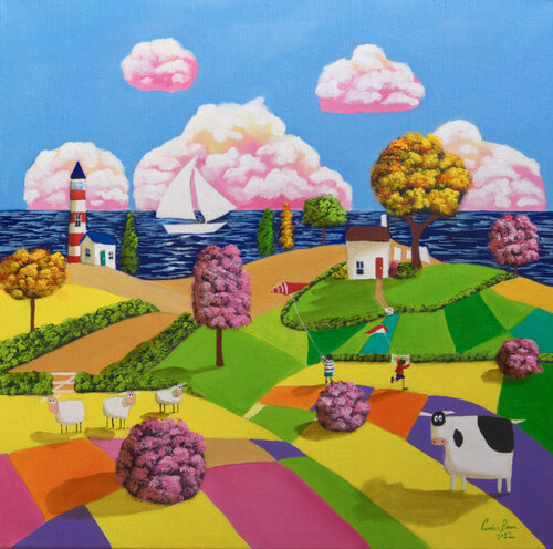 Naive art seaside lighthouse painting di Gordon Bruce, Pittura in vendita su Singulart