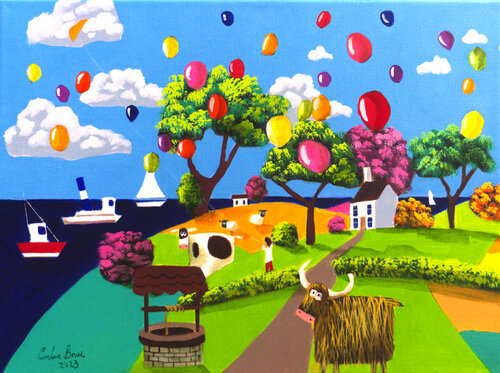 Highland cow with balloons van Gordon Bruce, Schilderij te koop op Singulart