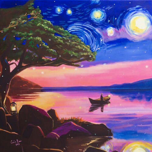 Van Gogh Starry Night at the lake par Gordon Bruce, Peinture en vente sur Singulart