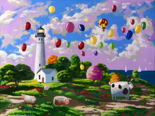 Lighthouse and balloons van Gordon Bruce, Schilderij te koop op Singulart
