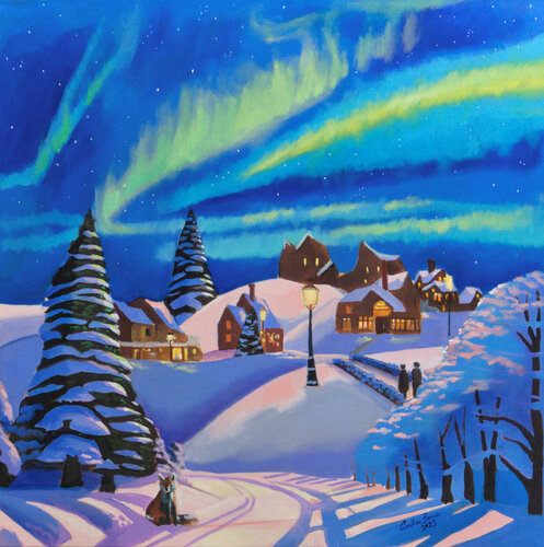Winter fox and the northern lights van Gordon Bruce, Schilderij te koop op Singulart