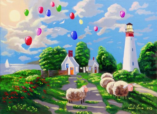 Folk art painting, Sheep and a lighthouse van Gordon Bruce, Schilderij te koop op Singulart
