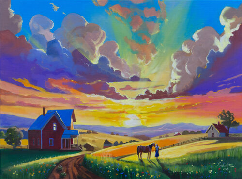 Golden Twilight on the Homestead di Gordon Bruce, Pittura in vendita su Singulart