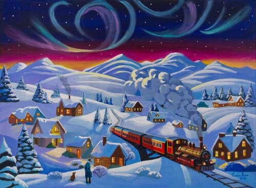 Winter train in the village van Gordon Bruce, Schilderij te koop op Singulart
