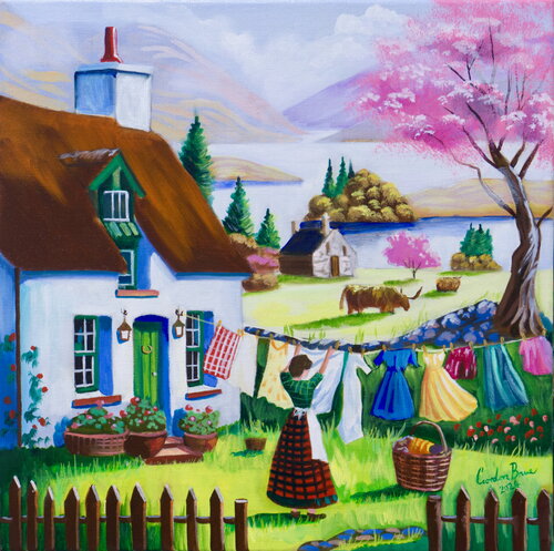 Highland Cottage Charm: Washing Day by the Loch di Gordon Bruce, Pittura in vendita su Singulart