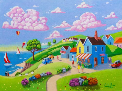 Seaside Shops in Bloom van Gordon Bruce, Schilderij te koop op Singulart