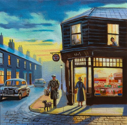 Evening by the Corner Shop van Gordon Bruce, Schilderij te koop op Singulart