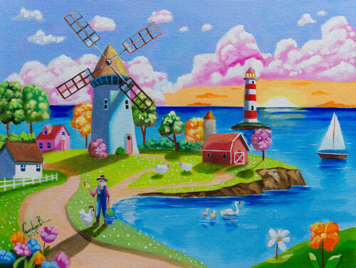 Sunset by the Windmill: Folk Art Coastal Village Oil Painting van Gordon Bruce, Schilderij te koop op Singulart