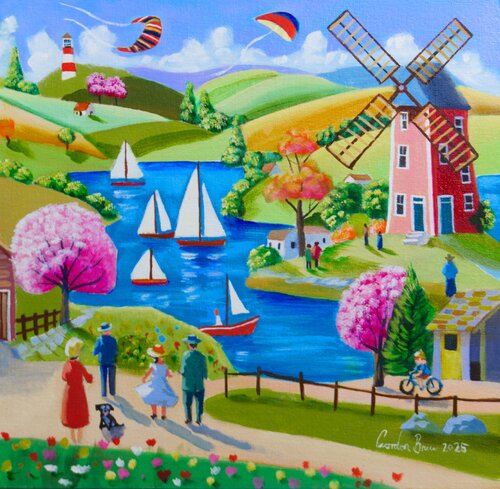 Breezy Day by the Windmill van Gordon Bruce, Schilderij te koop op Singulart