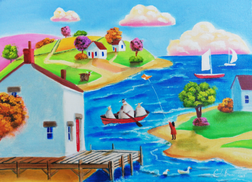 Folk art cow and sheep van Gordon Bruce, Schilderij te koop op Singulart
