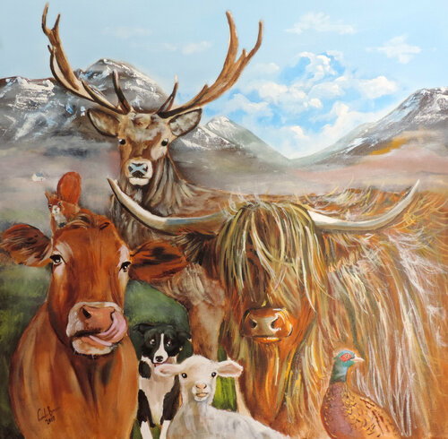 Scottish locals, Highland cows van Gordon Bruce, Schilderij te koop op Singulart