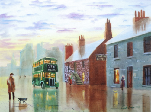 Peacock hotel - nostalgic street scene van Gordon Bruce, Schilderij te koop op Singulart