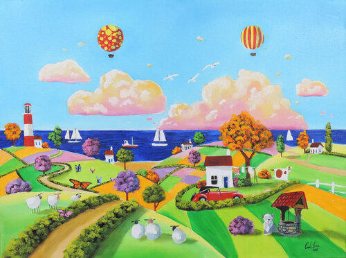 Folk Art Painting, sheep & rolling hills Gordon Bruce