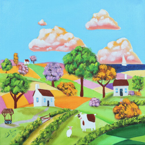 Cow and sheep naive art van Gordon Bruce, Schilderij te koop op Singulart