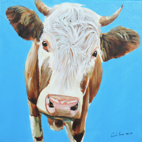 Cow painting, portrait in blue di Gordon Bruce, Pittura in vendita su Singulart
