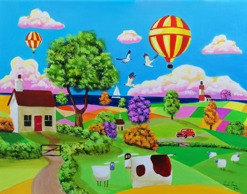 Colourful naive art painting di Gordon Bruce, Pittura in vendita su Singulart