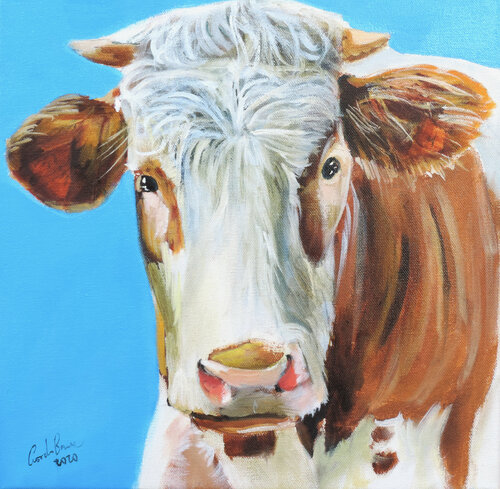 Cow painting a portrait in blue van Gordon Bruce, Schilderij te koop op Singulart