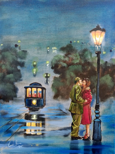 Under a street lamp van Gordon Bruce, Schilderij te koop op Singulart