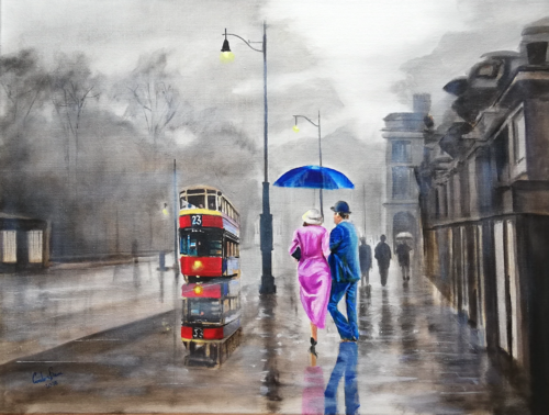 In the rain and a red tram di Gordon Bruce, Pittura in vendita su Singulart