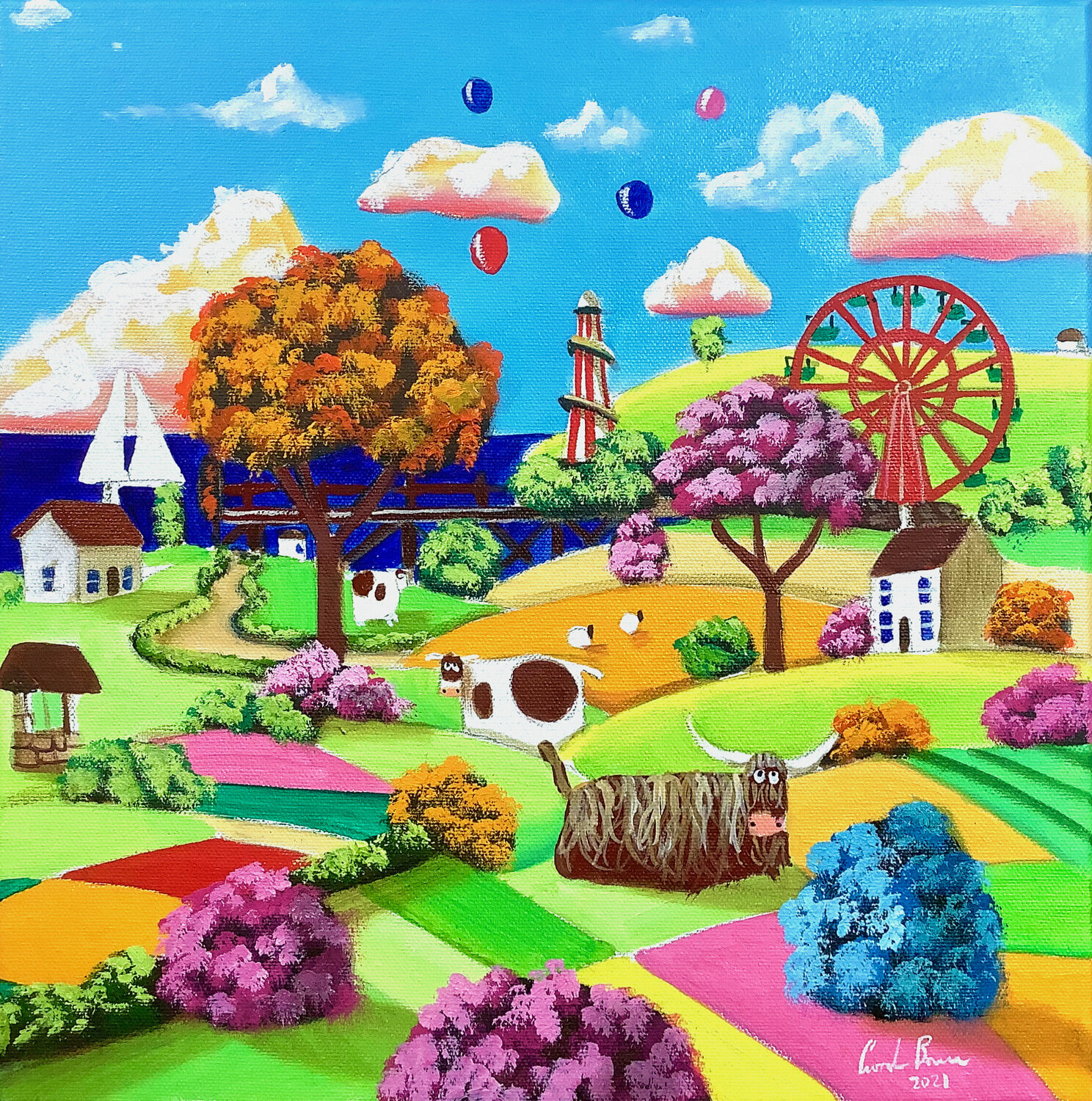 Folk art oil painting, seaside Gordon Bruce Dipinto originale in vendita