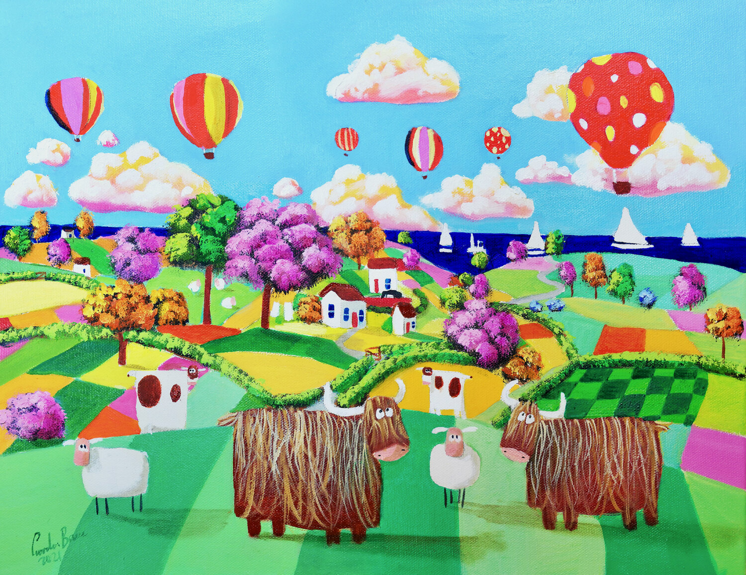 Two Highland cows, folk art painting Gordon Bruce