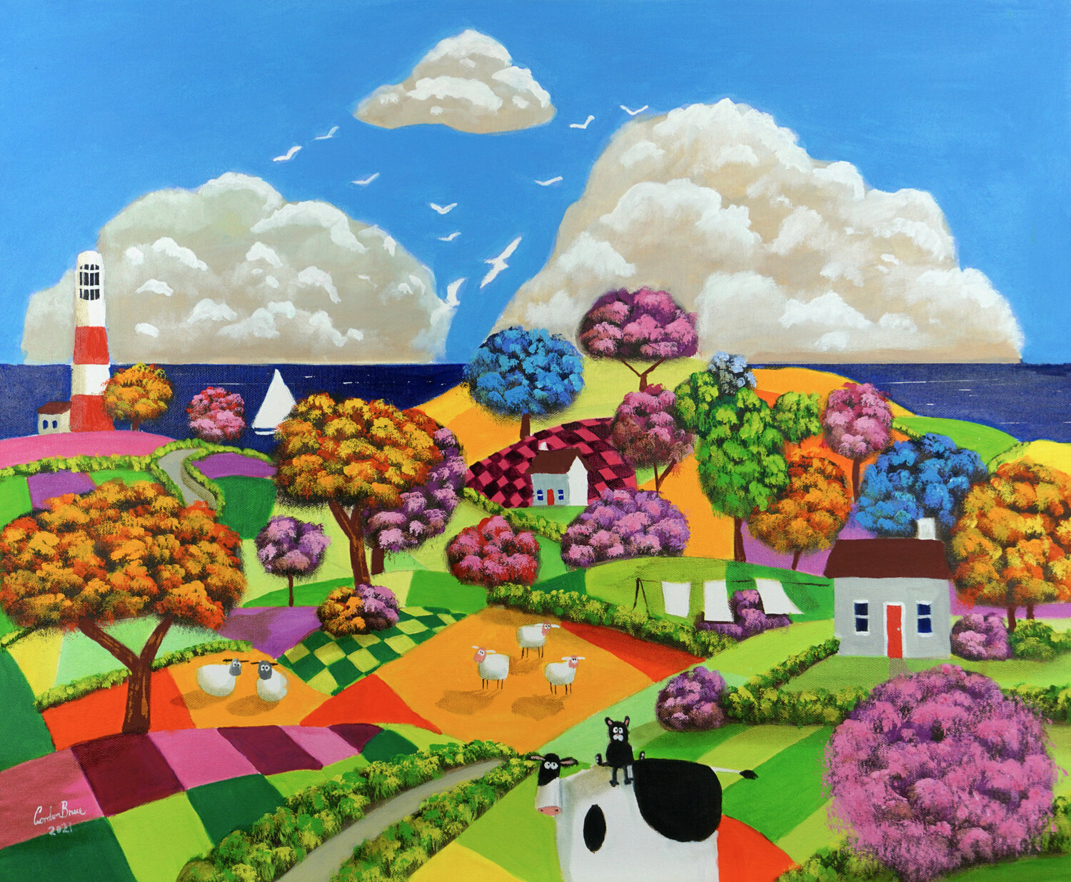 Cow, cat and sheep naive art painting Gordon Bruce Originalgemälde zu verkaufen