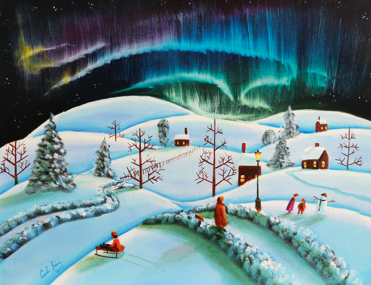 The Northern lights winter folk art landscape Gordon Bruce Dipinto originale in vendita