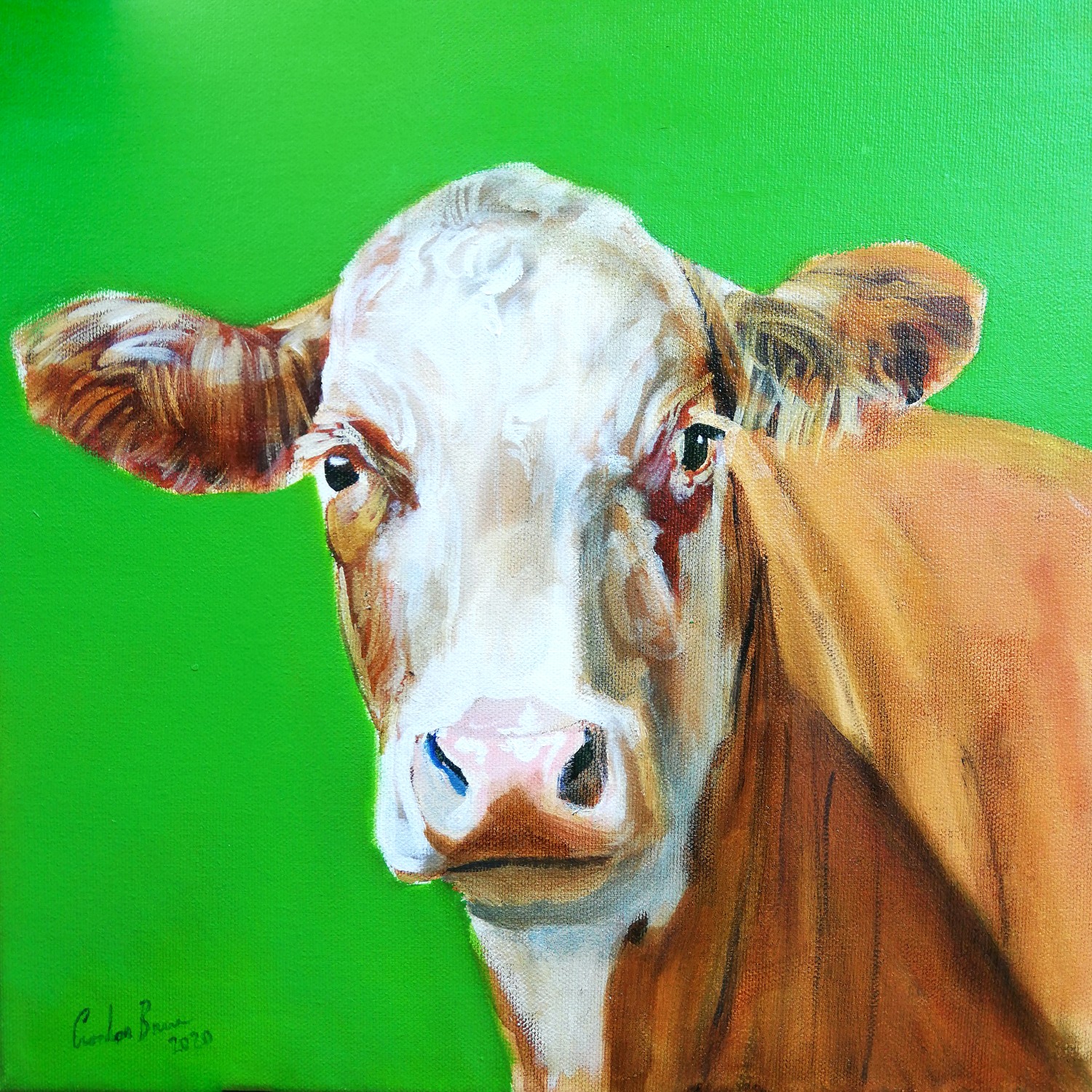 Portrait of a cow in green Gordon Bruce Originalgemälde zu verkaufen